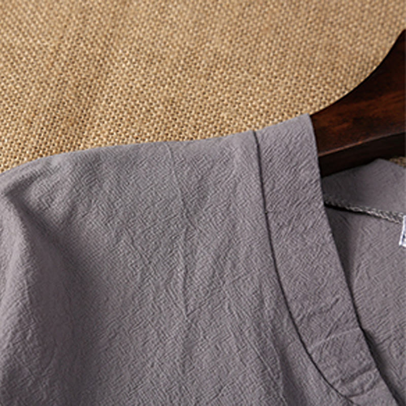 2Pcs Plain Notched Collar Short Sleeve T-Shirt Shorts With Pockets Cotton Linen Men's Meditation Cloth Set