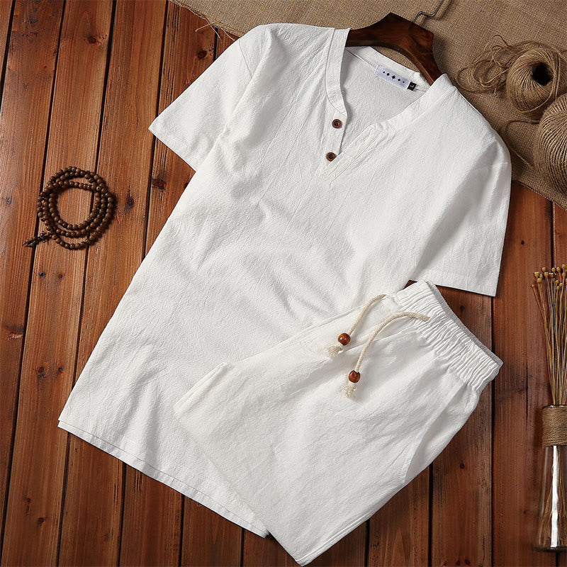 2Pcs Plain Notched Collar Short Sleeve T-Shirt Shorts With Pockets Cotton Linen Men's Meditation Cloth Set