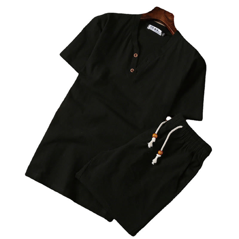 2Pcs Plain Notched Collar Short Sleeve T-Shirt Shorts With Pockets Cotton Linen Men's Meditation Cloth Set