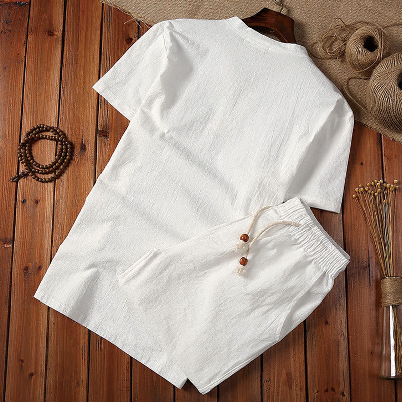 2Pcs Plain Notched Collar Short Sleeve T-Shirt Shorts With Pockets Cotton Linen Men's Meditation Cloth Set