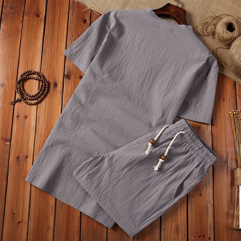 2Pcs Plain Notched Collar Short Sleeve T-Shirt Shorts With Pockets Cotton Linen Men's Meditation Cloth Set