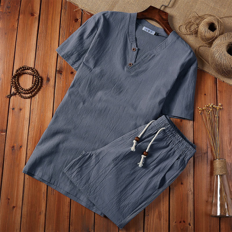 2Pcs Plain Notched Collar Short Sleeve T-Shirt Shorts With Pockets Cotton Linen Men's Meditation Cloth Set