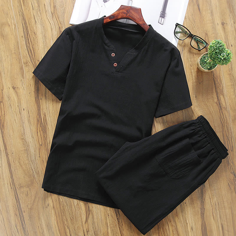 Casual 2Pcs Plain Sleeve T-Shirt Shorts With Pockets Men's Meditation Cloth Set