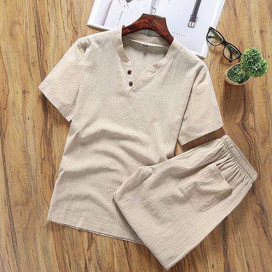 Casual 2Pcs Plain Sleeve T-Shirt Shorts With Pockets Men's Meditation Cloth Set