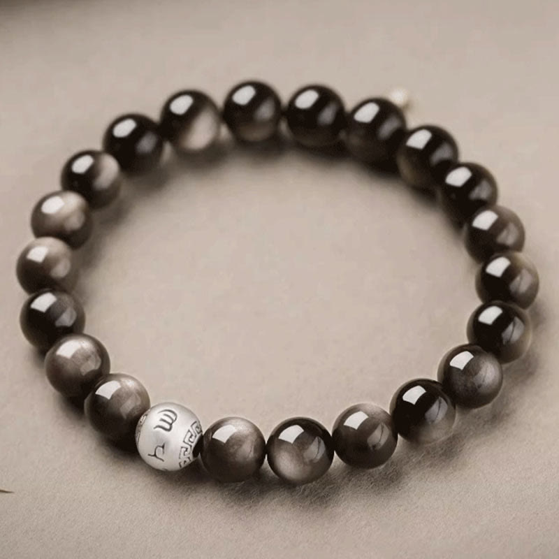 Natural Silver Sheen Obsidian Om Mani Padme Hum Protection Bracelet