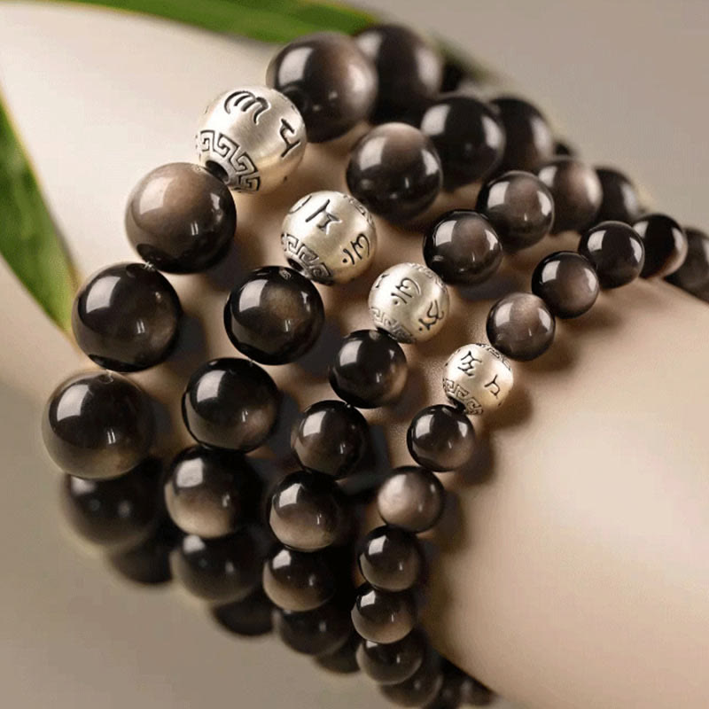 Natural Silver Sheen Obsidian Om Mani Padme Hum Protection Bracelet