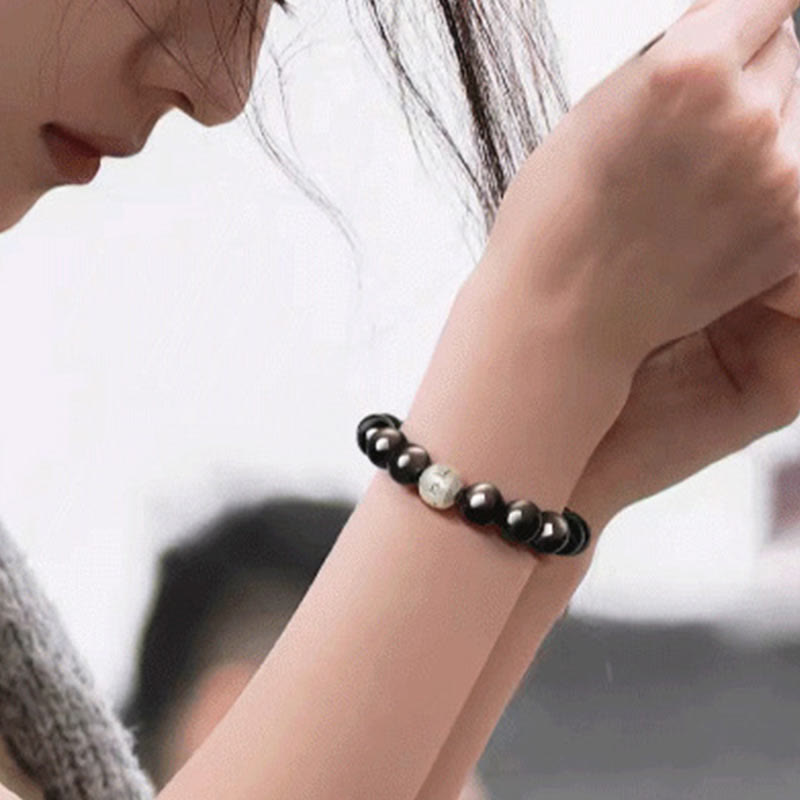 Natural Silver Sheen Obsidian Om Mani Padme Hum Protection Bracelet