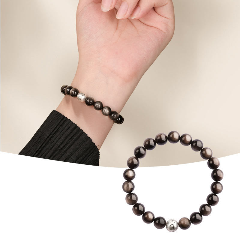Natural Silver Sheen Obsidian Om Mani Padme Hum Protection Bracelet