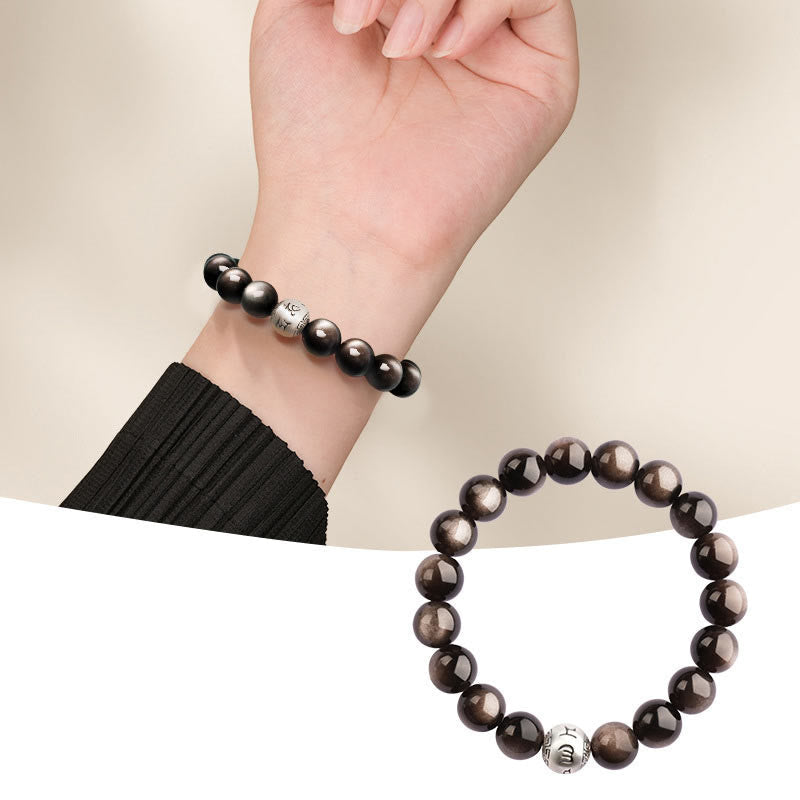 Natural Silver Sheen Obsidian Om Mani Padme Hum Protection Bracelet