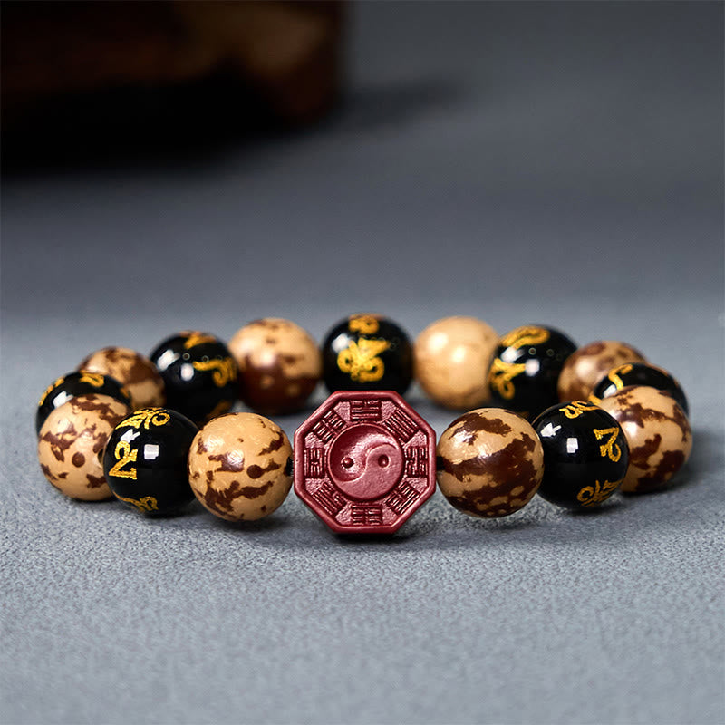 Bodhi Seed Om Mani Padme Hum Bagua Yin Yang Cinnabar Carved Calm Bracelet