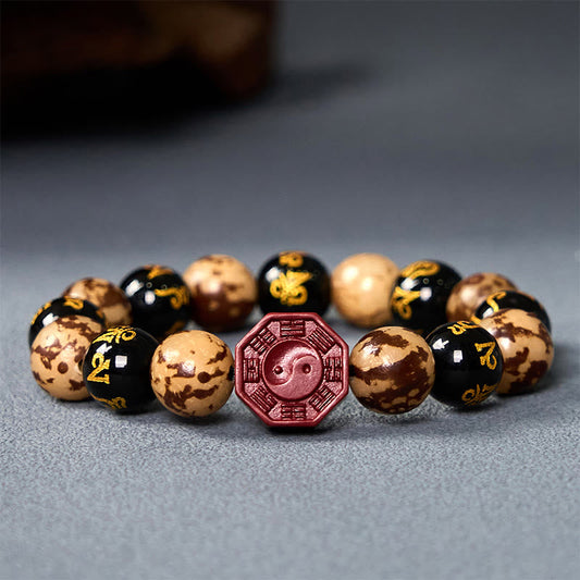 Bodhi Seed Om Mani Padme Hum Bagua Yin Yang Cinnabar Carved Calm Bracelet