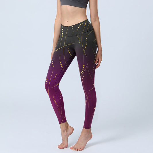 Abstract Gradient Thin And Long Gold Line Pattern Print Gym Leggings Women's Yoga Pants
