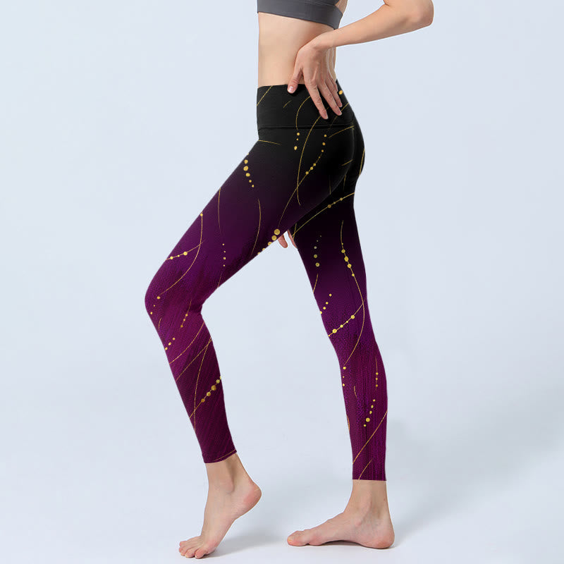 Abstract Gradient Thin And Long Gold Line Pattern Print Gym Leggings Women's Yoga Pants
