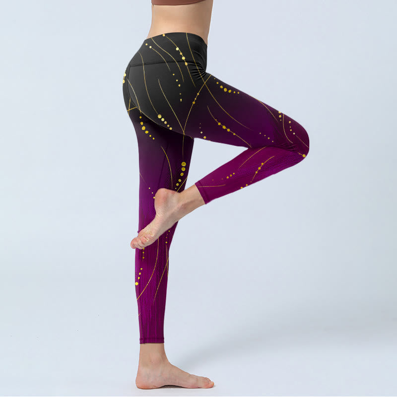 Abstract Gradient Thin And Long Gold Line Pattern Print Gym Leggings Women's Yoga Pants