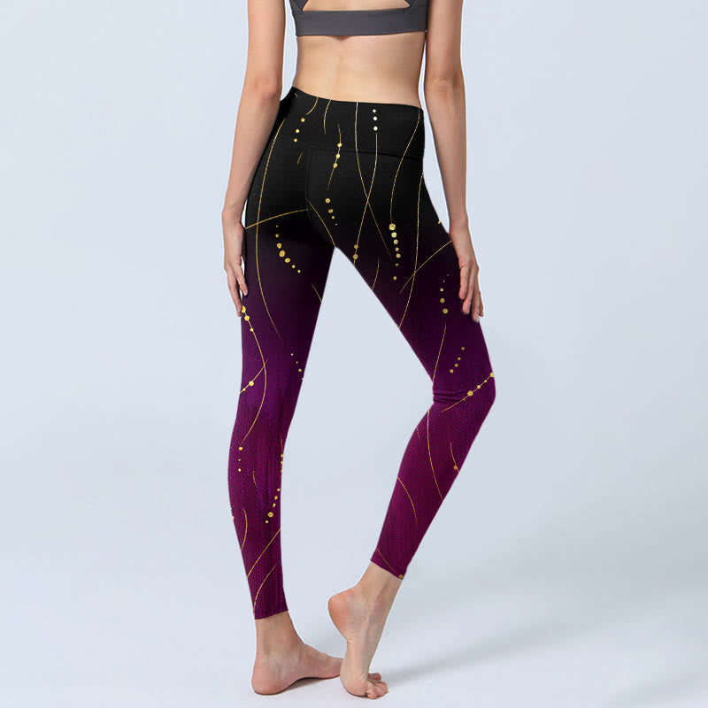 Abstract Gradient Thin And Long Gold Line Pattern Print Gym Leggings Women's Yoga Pants