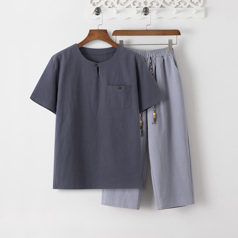 Summer 2Pcs Plain Short Sleeve T-Shirt 7-8 Length Pants Cotton Linen Tang Suit Men's Meditation Cloth Set With Pockets