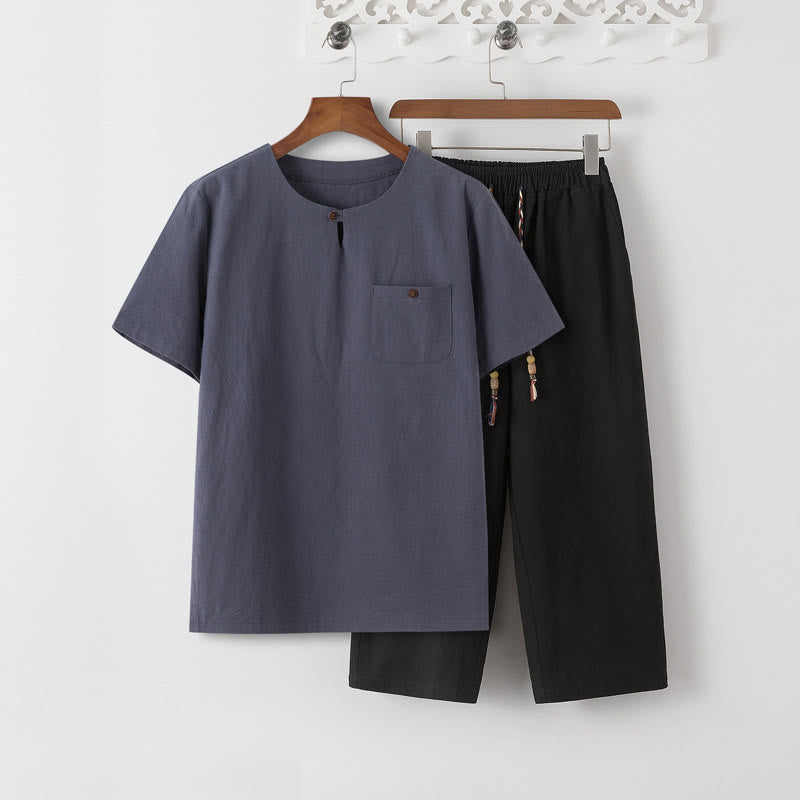Summer 2Pcs Plain Short Sleeve T-Shirt 7-8 Length Pants Cotton Linen Tang Suit Men's Meditation Cloth Set With Pockets