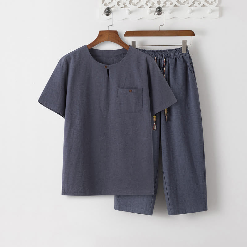Summer 2Pcs Plain Short Sleeve T-Shirt 7-8 Length Pants Cotton Linen Tang Suit Men's Meditation Cloth Set With Pockets