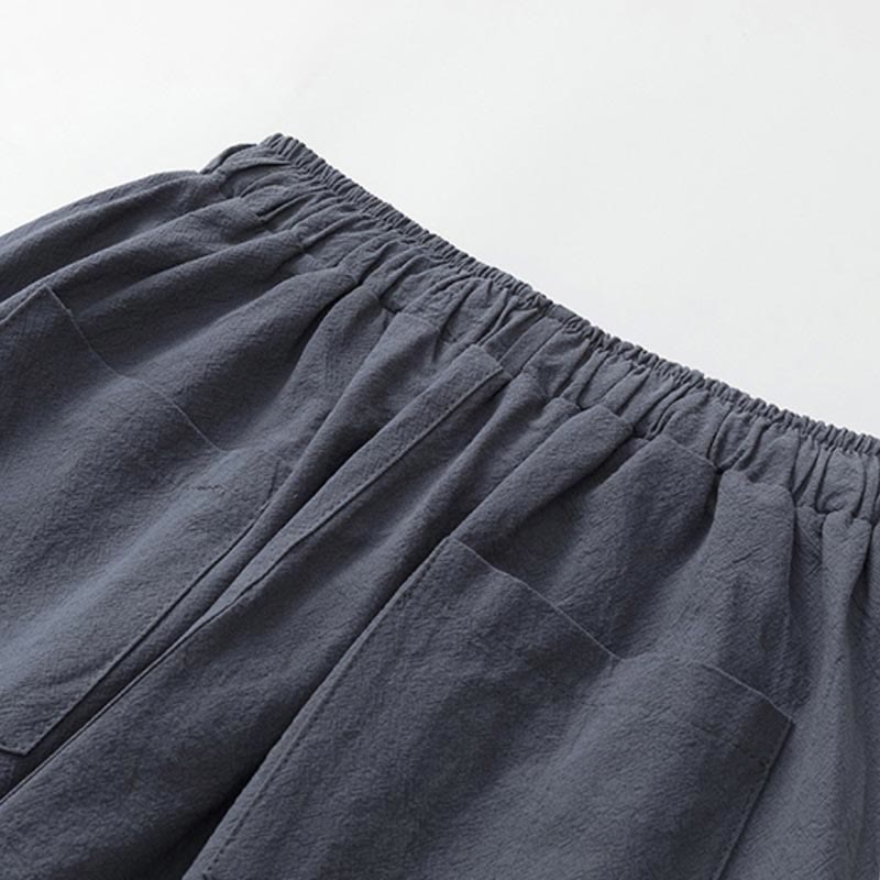 Summer 2Pcs Plain Short Sleeve T-Shirt 7-8 Length Pants Cotton Linen Tang Suit Men's Meditation Cloth Set With Pockets