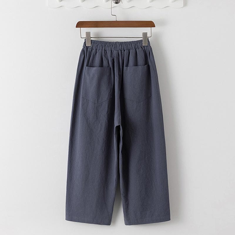 Summer 2Pcs Plain Short Sleeve T-Shirt 7-8 Length Pants Cotton Linen Tang Suit Men's Meditation Cloth Set With Pockets