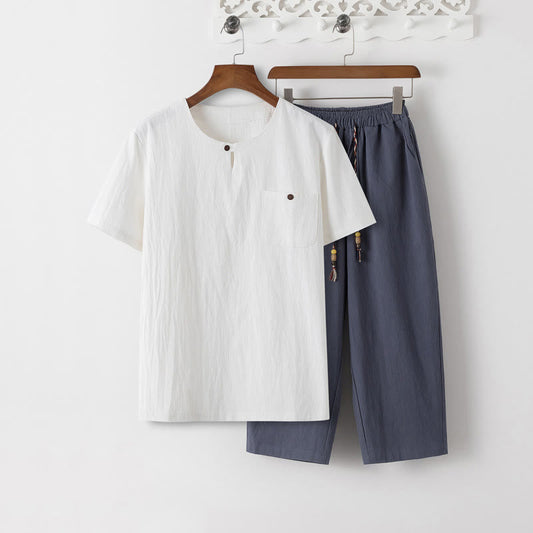 Summer 2Pcs Plain Short Sleeve T-Shirt 7-8 Length Pants Cotton Linen Tang Suit Men's Meditation Cloth Set With Pockets