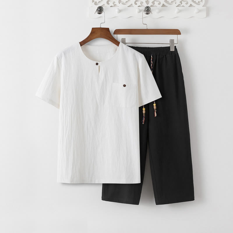 Summer 2Pcs Plain Short Sleeve T-Shirt 7-8 Length Pants Cotton Linen Tang Suit Men's Meditation Cloth Set With Pockets