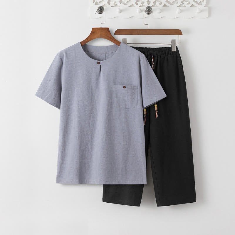 Summer 2Pcs Plain Short Sleeve T-Shirt 7-8 Length Pants Cotton Linen Tang Suit Men's Meditation Cloth Set With Pockets