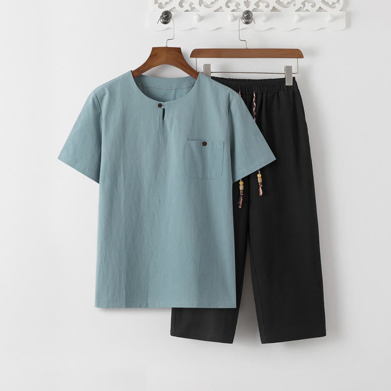 Summer 2Pcs Plain Short Sleeve T-Shirt 7-8 Length Pants Cotton Linen Tang Suit Men's Meditation Cloth Set With Pockets