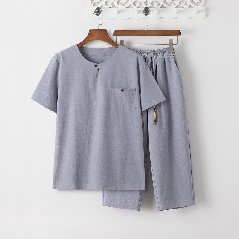 Summer 2Pcs Plain Short Sleeve T-Shirt 7-8 Length Pants Cotton Linen Tang Suit Men's Meditation Cloth Set With Pockets