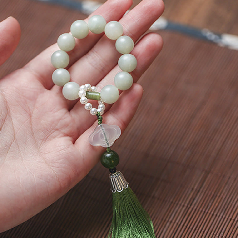 Green Jade Beads Pearl Prosperity Tassels Wrist Mala