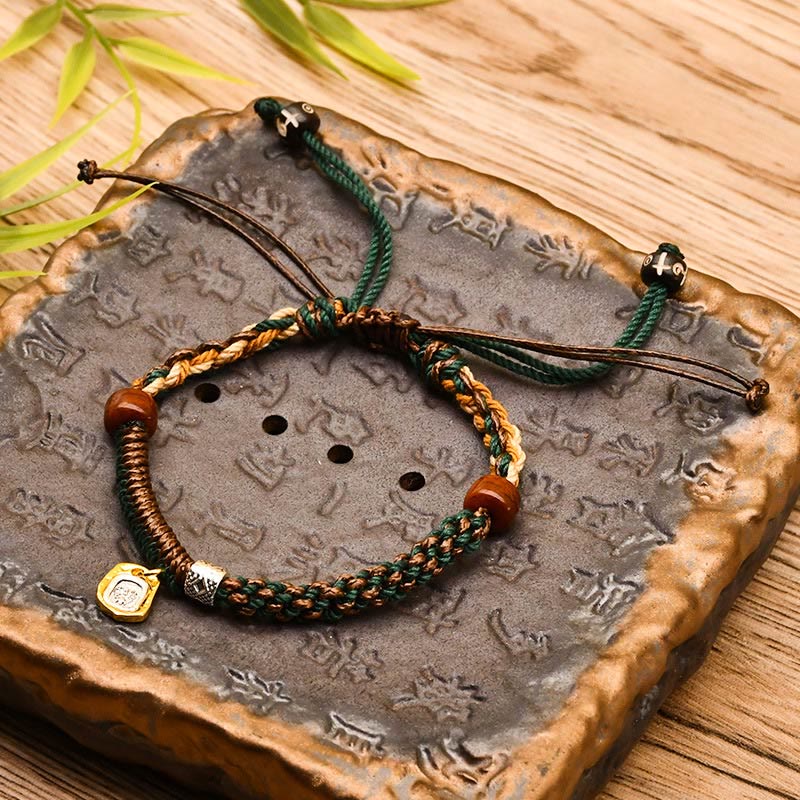 Handmade Tibetan Zakiram Goddess Of Wealth Wood Protection Braided Bracelet