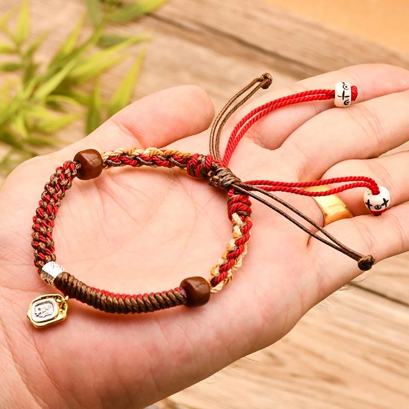 Handmade Tibetan Zakiram Goddess Of Wealth Wood Protection Braided Bracelet