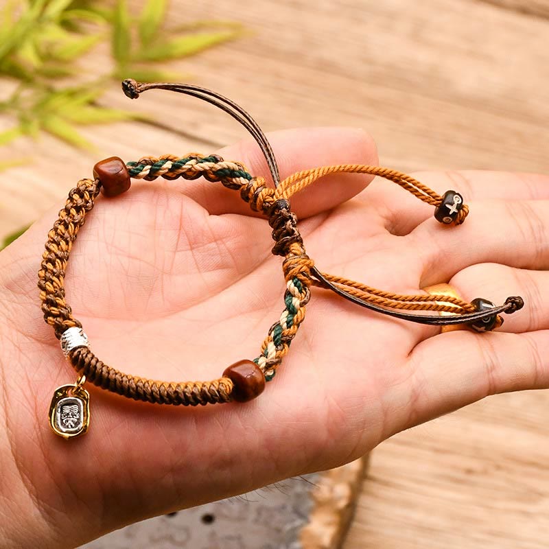 Handmade Tibetan Zakiram Goddess Of Wealth Wood Protection Braided Bracelet