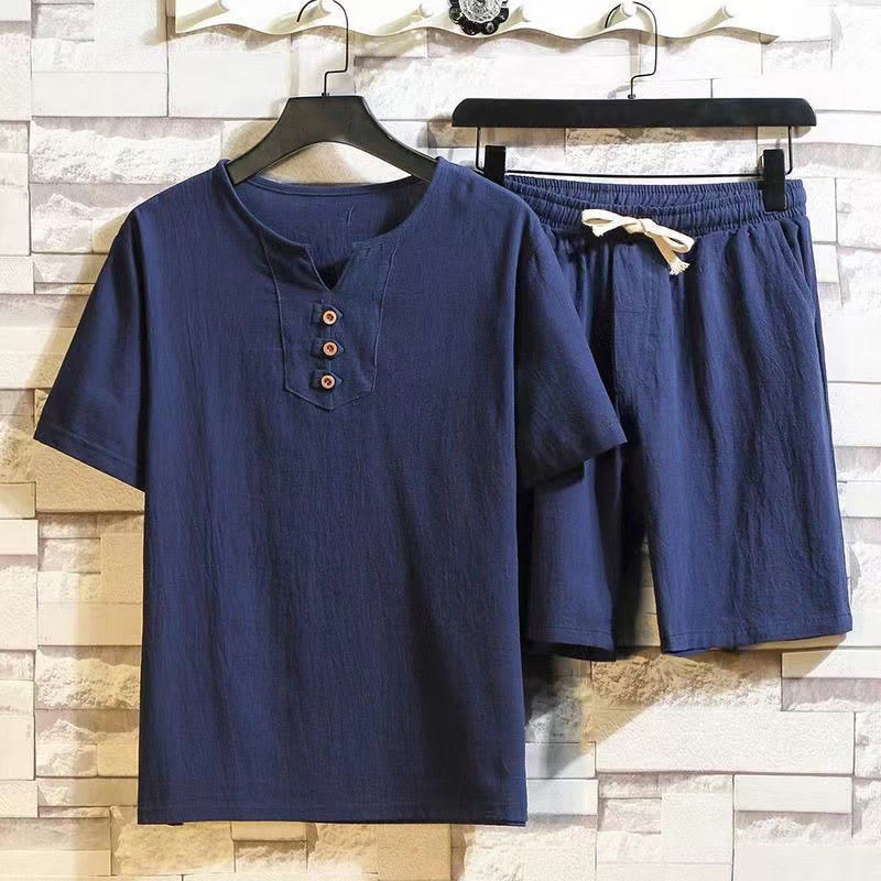 2Pcs Short Sleeve T-Shirt Drawstring Short Pants With Pockets Men's Cotton Linen Meditation Cloth Set