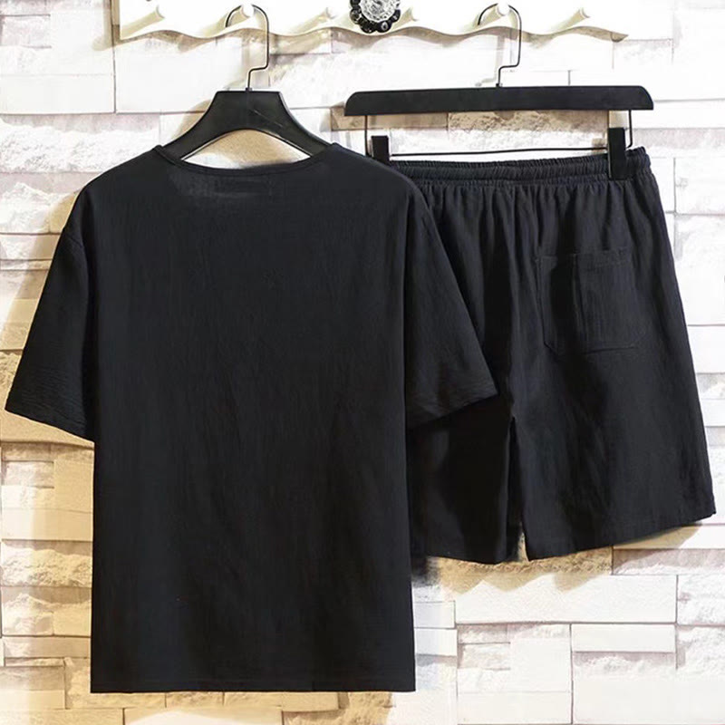 2Pcs Short Sleeve T-Shirt Drawstring Short Pants With Pockets Men's Cotton Linen Meditation Cloth Set