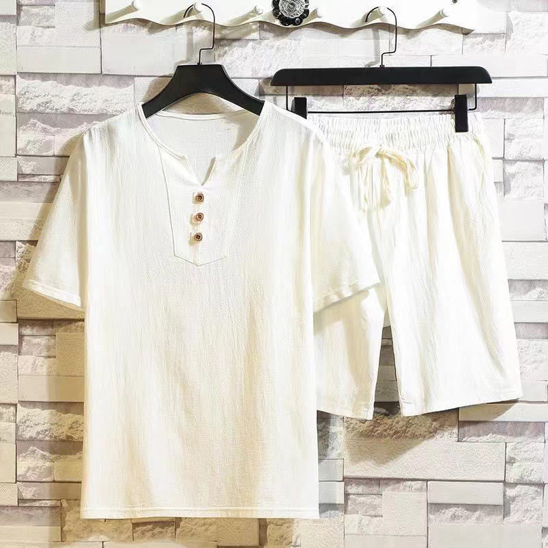 2Pcs Short Sleeve T-Shirt Drawstring Short Pants With Pockets Men's Cotton Linen Meditation Cloth Set
