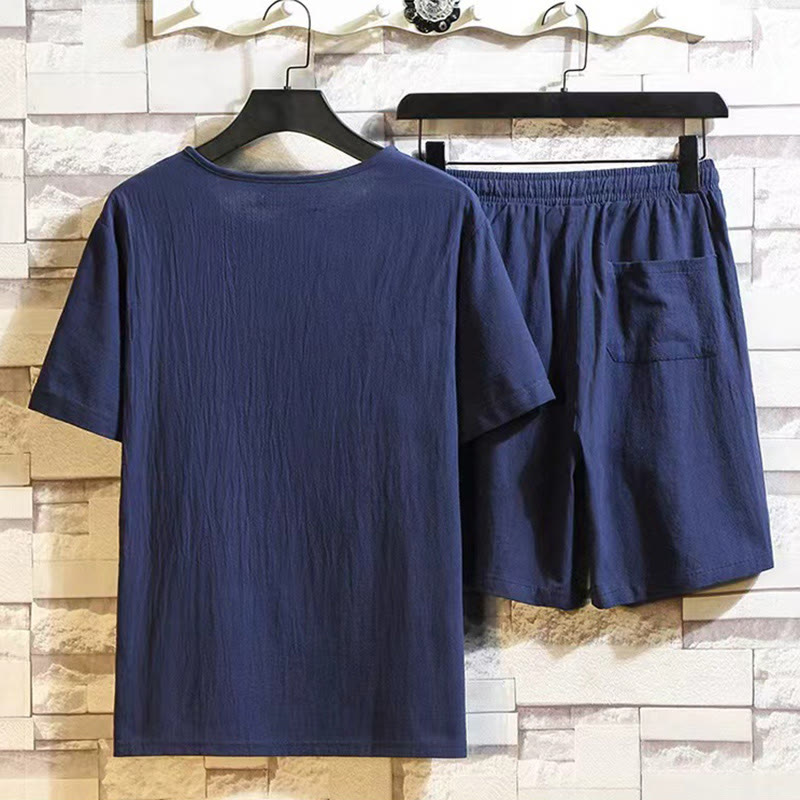 2Pcs Short Sleeve T-Shirt Drawstring Short Pants With Pockets Men's Cotton Linen Meditation Cloth Set