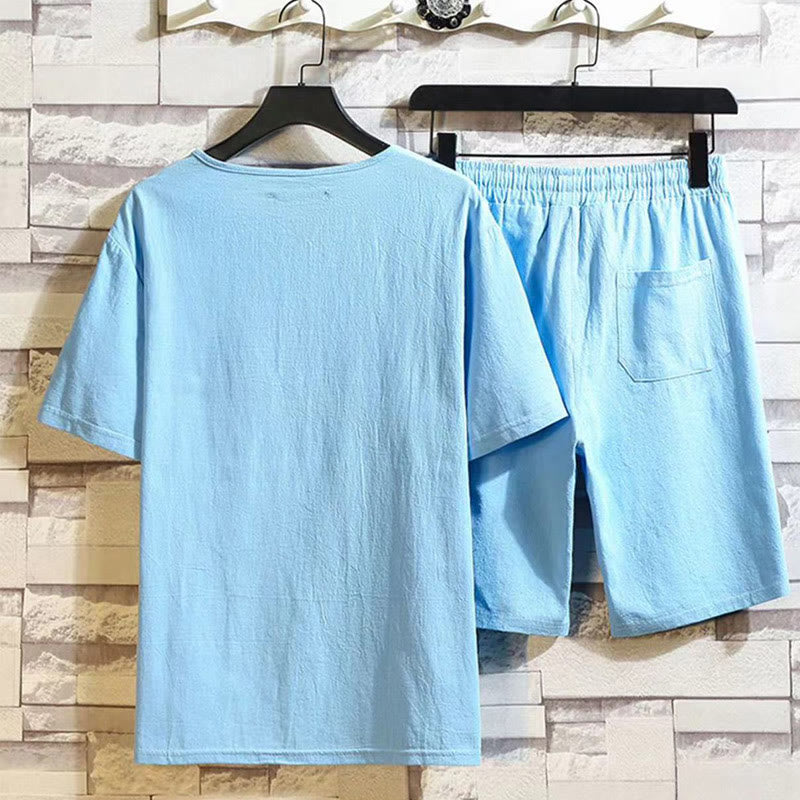 2Pcs Short Sleeve T-Shirt Drawstring Short Pants With Pockets Men's Cotton Linen Meditation Cloth Set