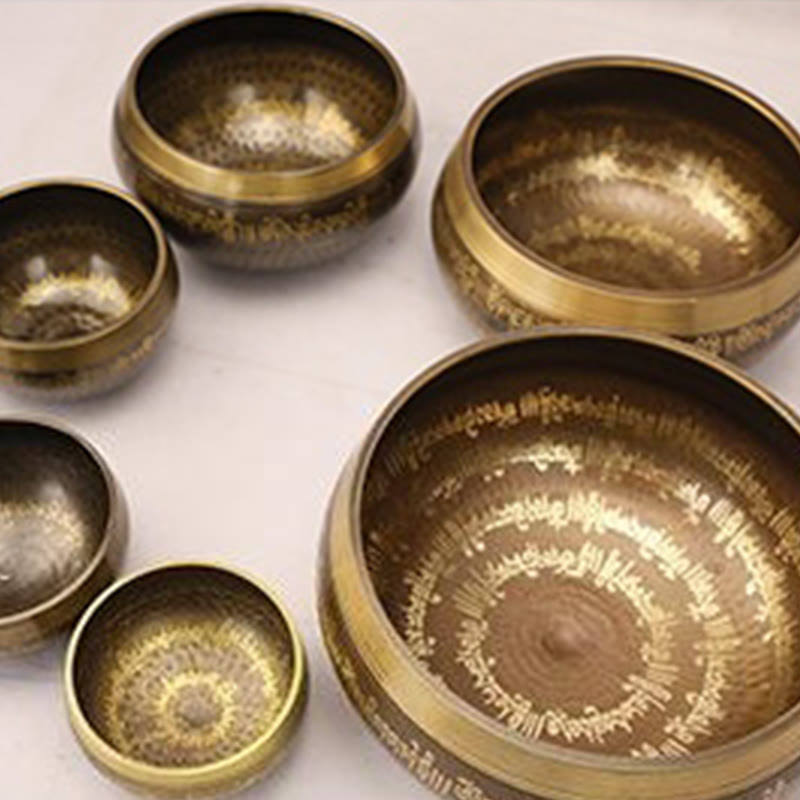 Handcrafted Singing Bowl Scripture Pattern for and Meditation Sound Bowl Set