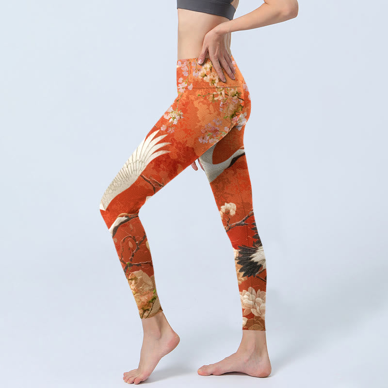 Red-Crowned Crane Cherry Blossom Lotus Flower Pattern Print Gym Leggings Women's Yoga Pants