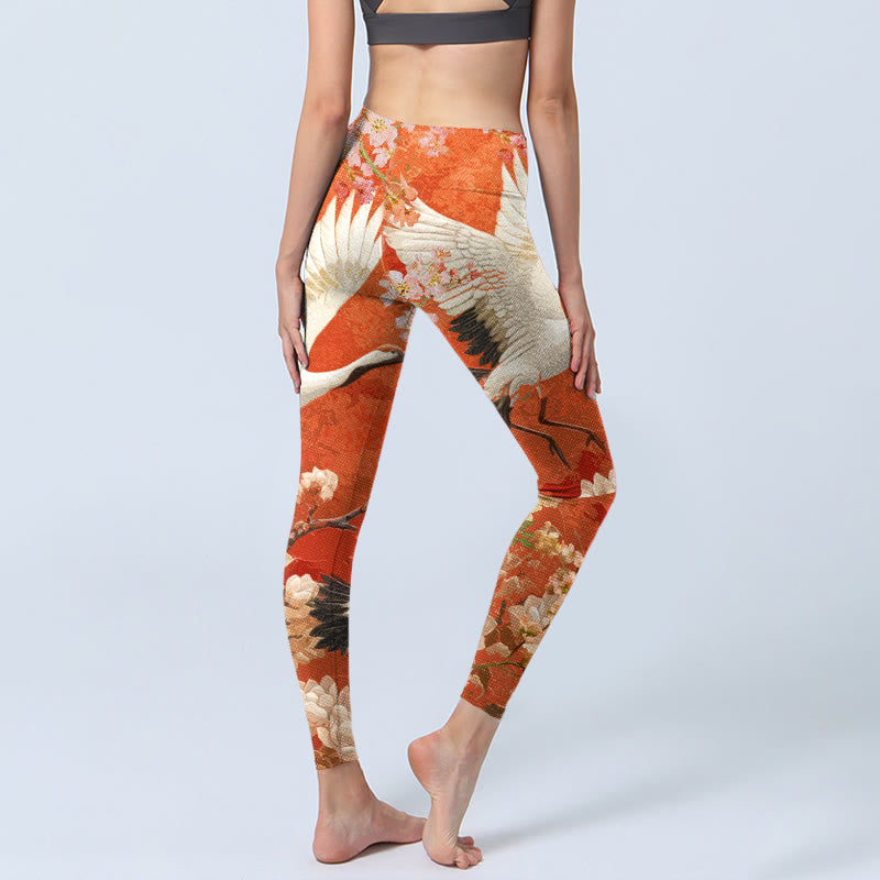 Red-Crowned Crane Cherry Blossom Lotus Flower Pattern Print Gym Leggings Women's Yoga Pants