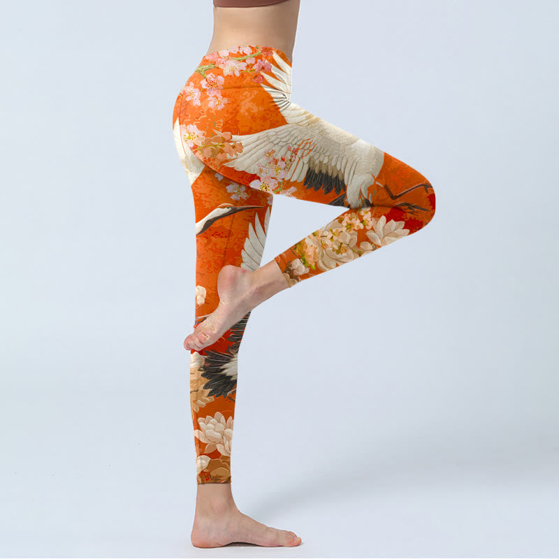 Red-Crowned Crane Cherry Blossom Lotus Flower Pattern Print Gym Leggings Women's Yoga Pants