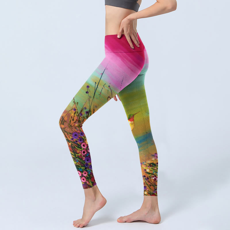 Blooming Flower Bird Pattern Print Gym Leggings Women's Yoga Pants