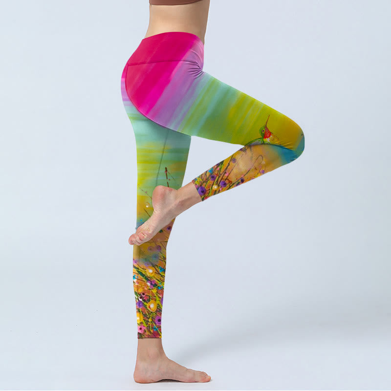 Blooming Flower Bird Pattern Print Gym Leggings Women's Yoga Pants