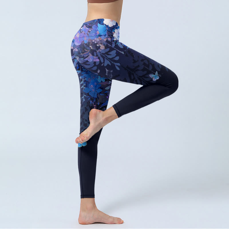 Purple Flower Butterfly Pattern Print Gym Leggings Women's Yoga Pants