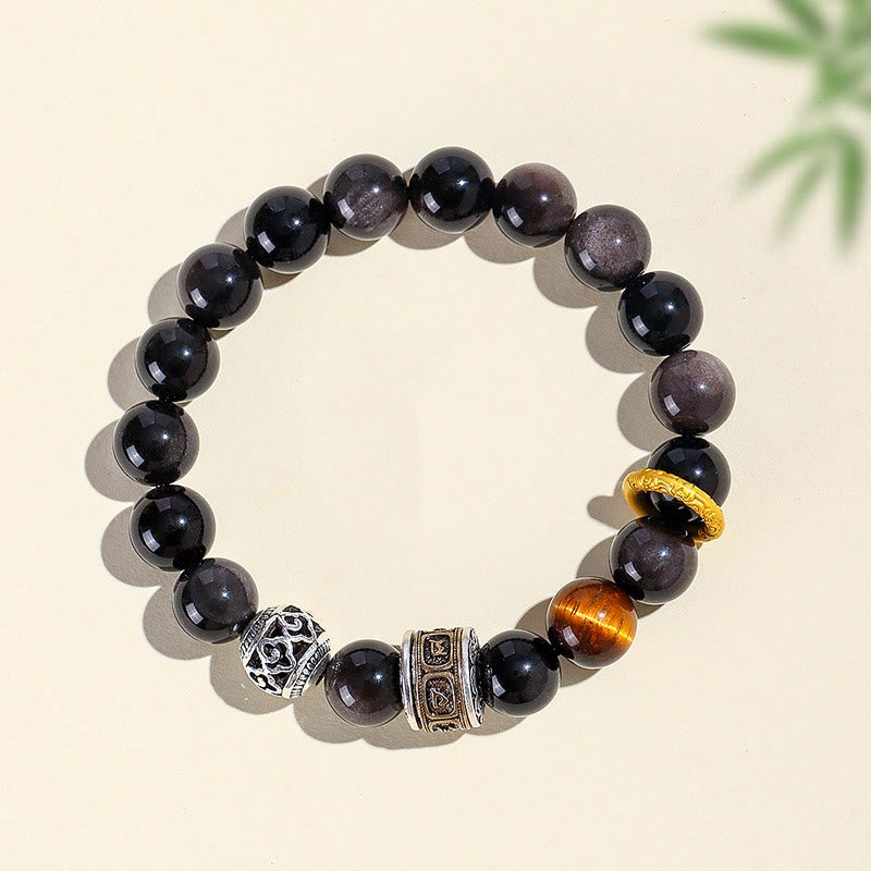 Silver Sheen Obsidian Tiger Eye Om Mani Padme Hum Protection Bracelet