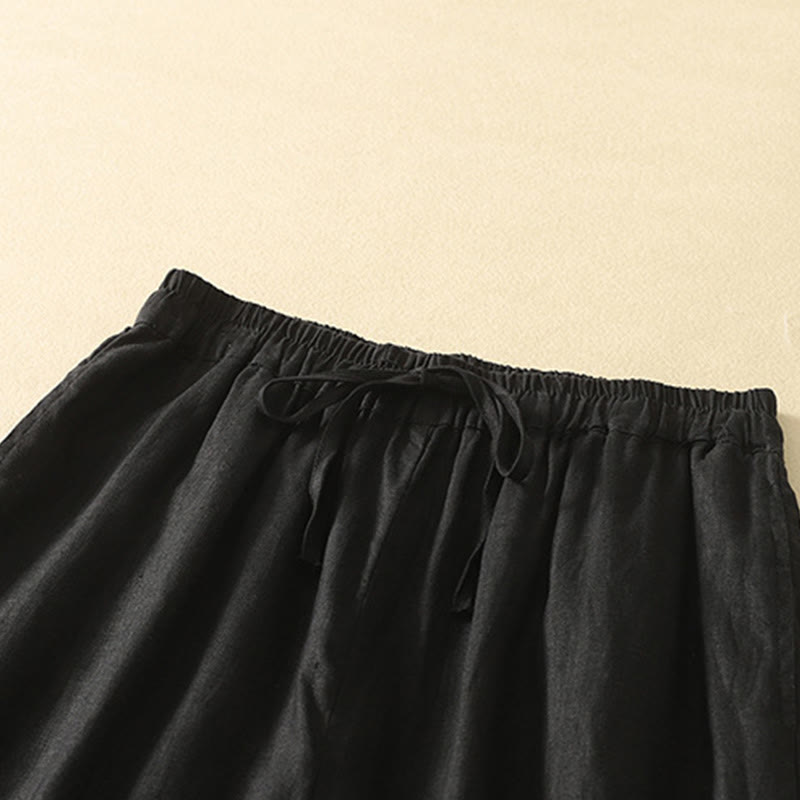 Casual Retro Drawstring Embroidery Design Women's 7-8 Length Pants With Pockets