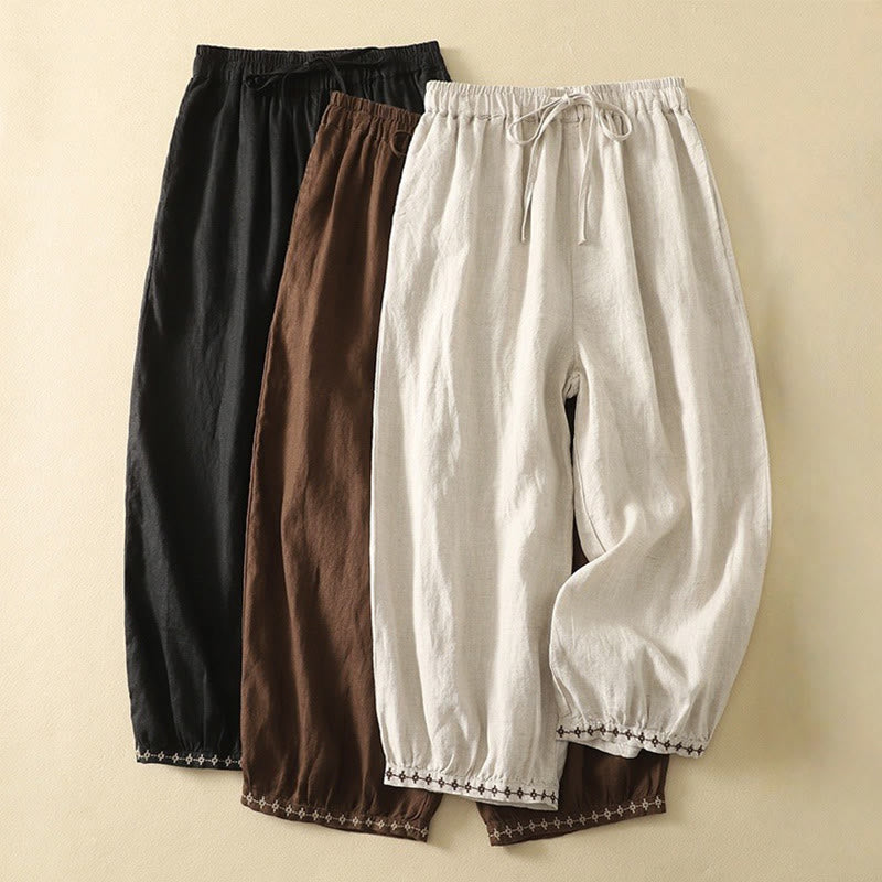 Casual Retro Drawstring Embroidery Design Women's 7-8 Length Pants With Pockets