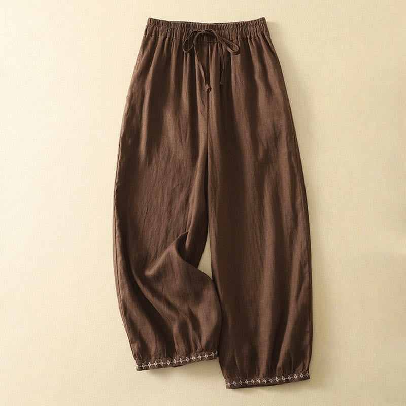 Casual Retro Drawstring Embroidery Design Women's 7-8 Length Pants With Pockets