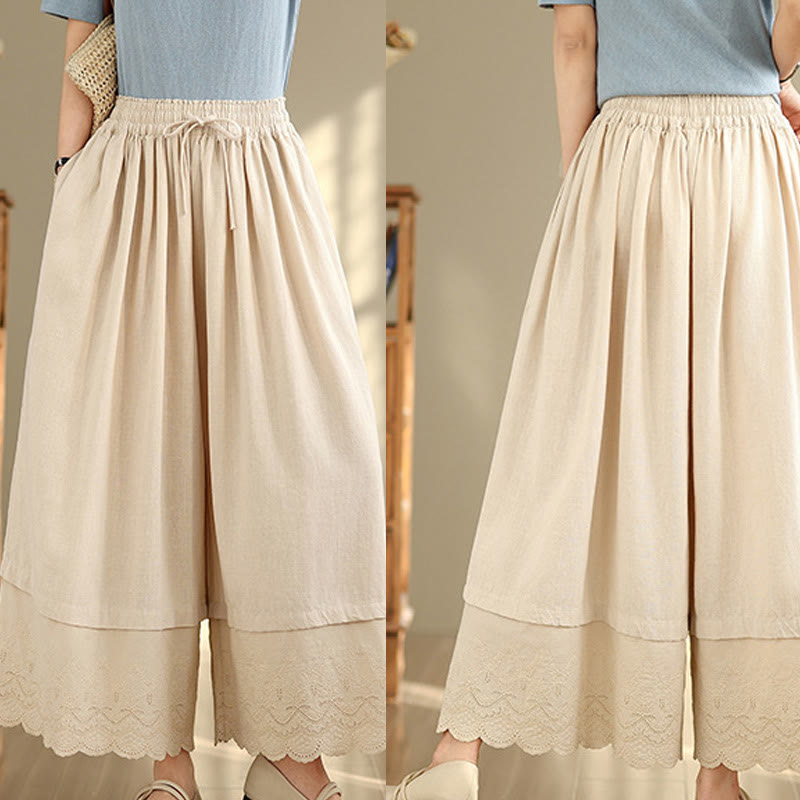 Spring Embroidery Lace Hem Patchwork Drawstring Design Women's Wide Leg Cotton Pants With Pockets